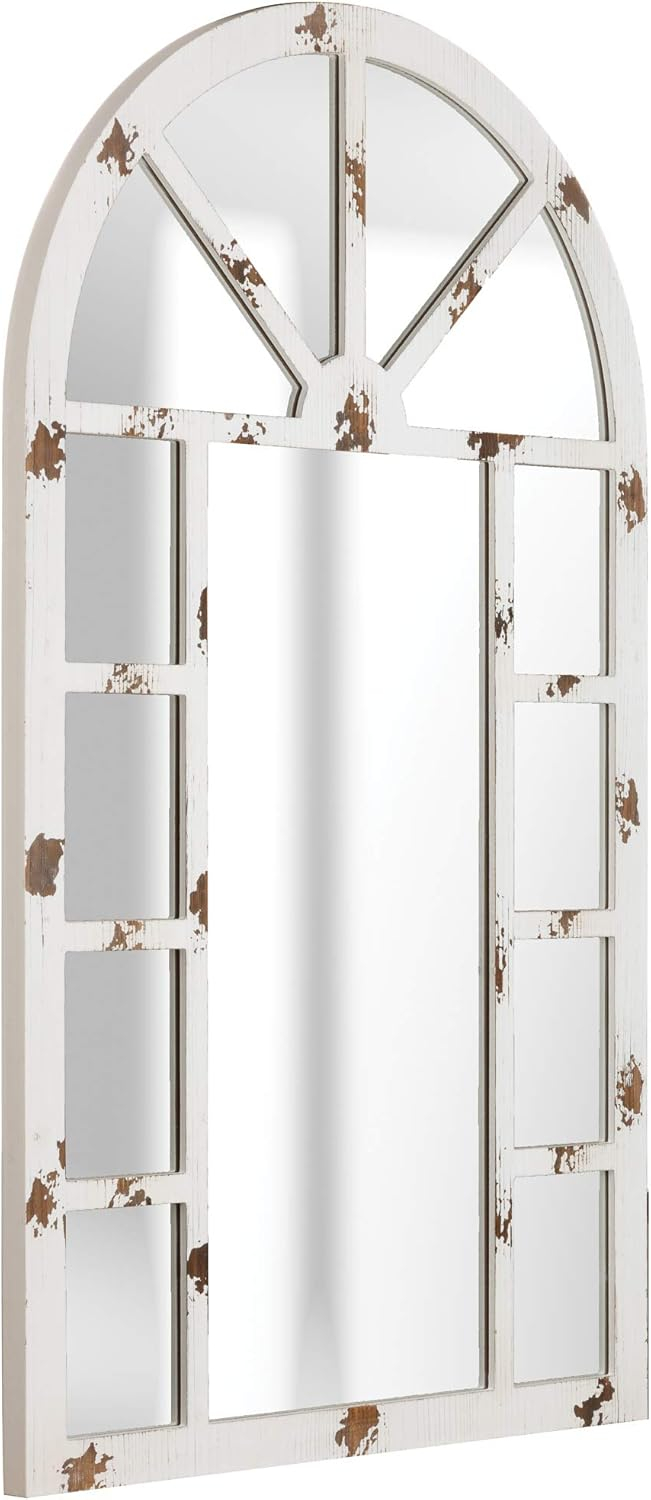 Patton Wall Decor Arch Windowpane Wall Mirror, Distressed White, 24x40"
