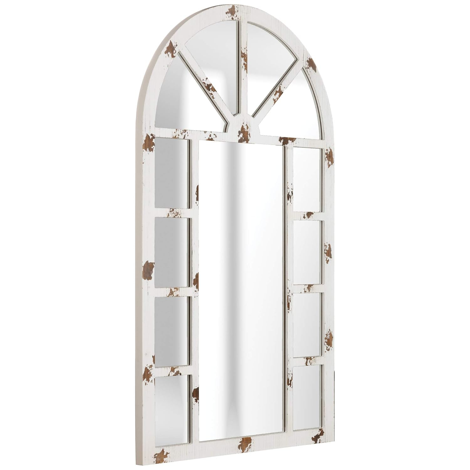 Patton Wall Decor Arch Windowpane Wall Mirror, Distressed White, 24x40"