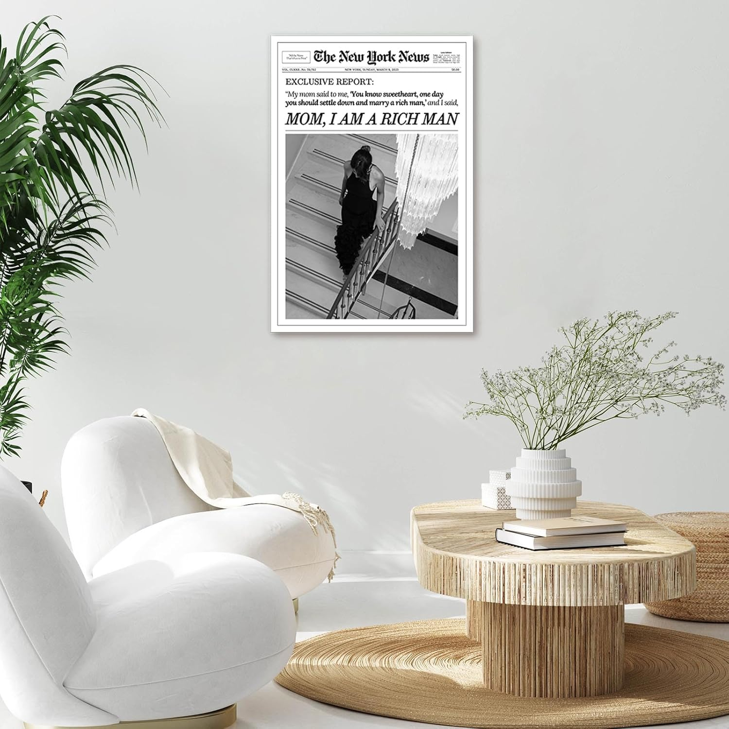 Trendy Black and White Newspaper Canvas Wall Art Poster