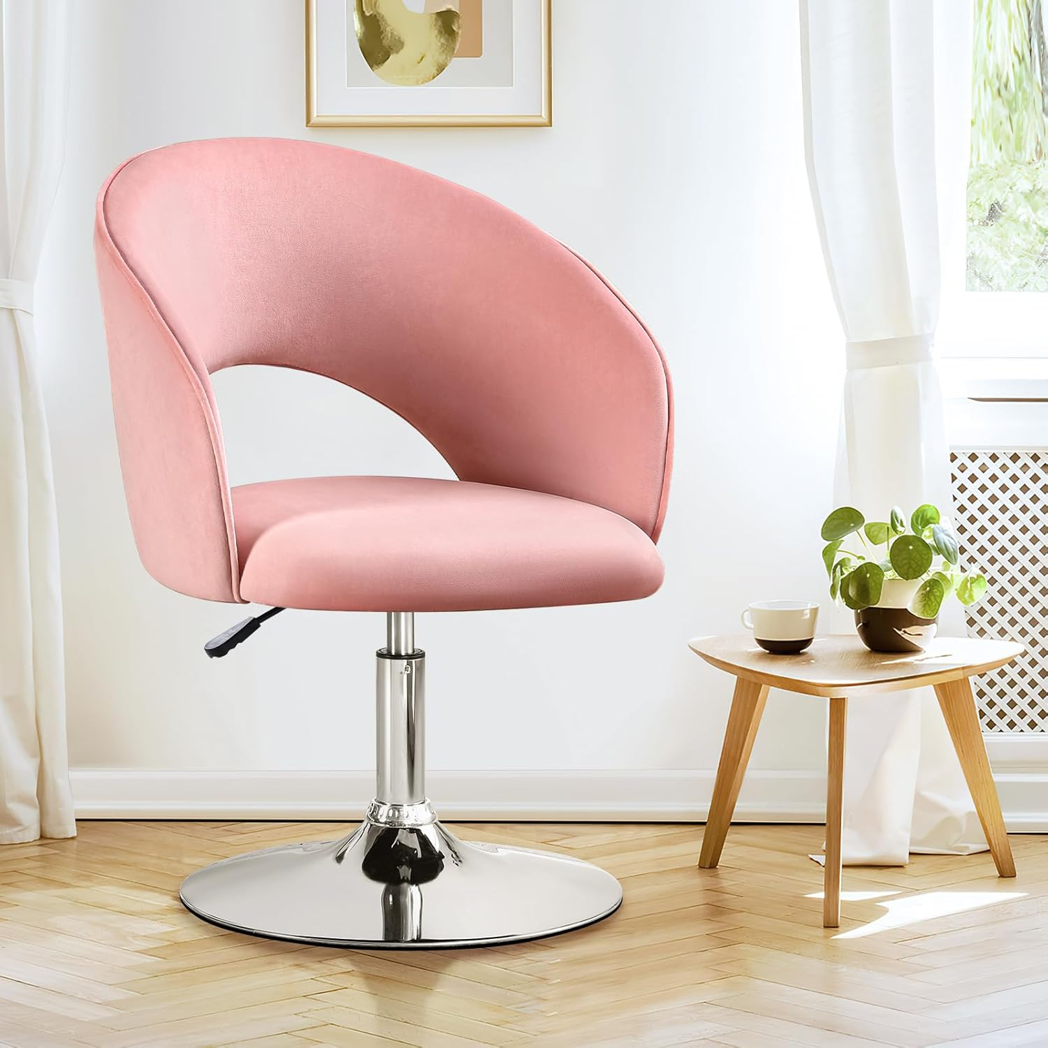 Furniliving Velvet Swivel Chair Upholstered Accent Chair Adjustable Mid-Backrest Leisure Chairs,Pink
