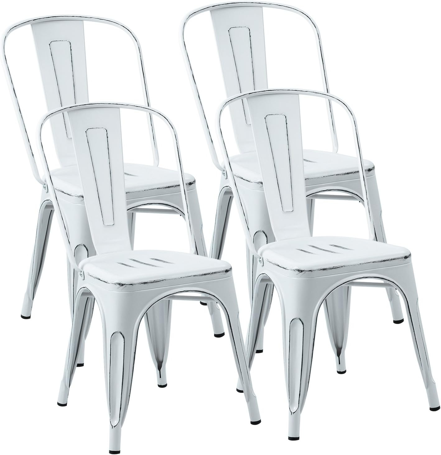 JUMMICO Metal Dining Chair Stackable Indoor Outdoor Industrial Vintage Chairs Bistro Kitchen Cafe Side Chairs with Back Set of 4 (Distressed White)