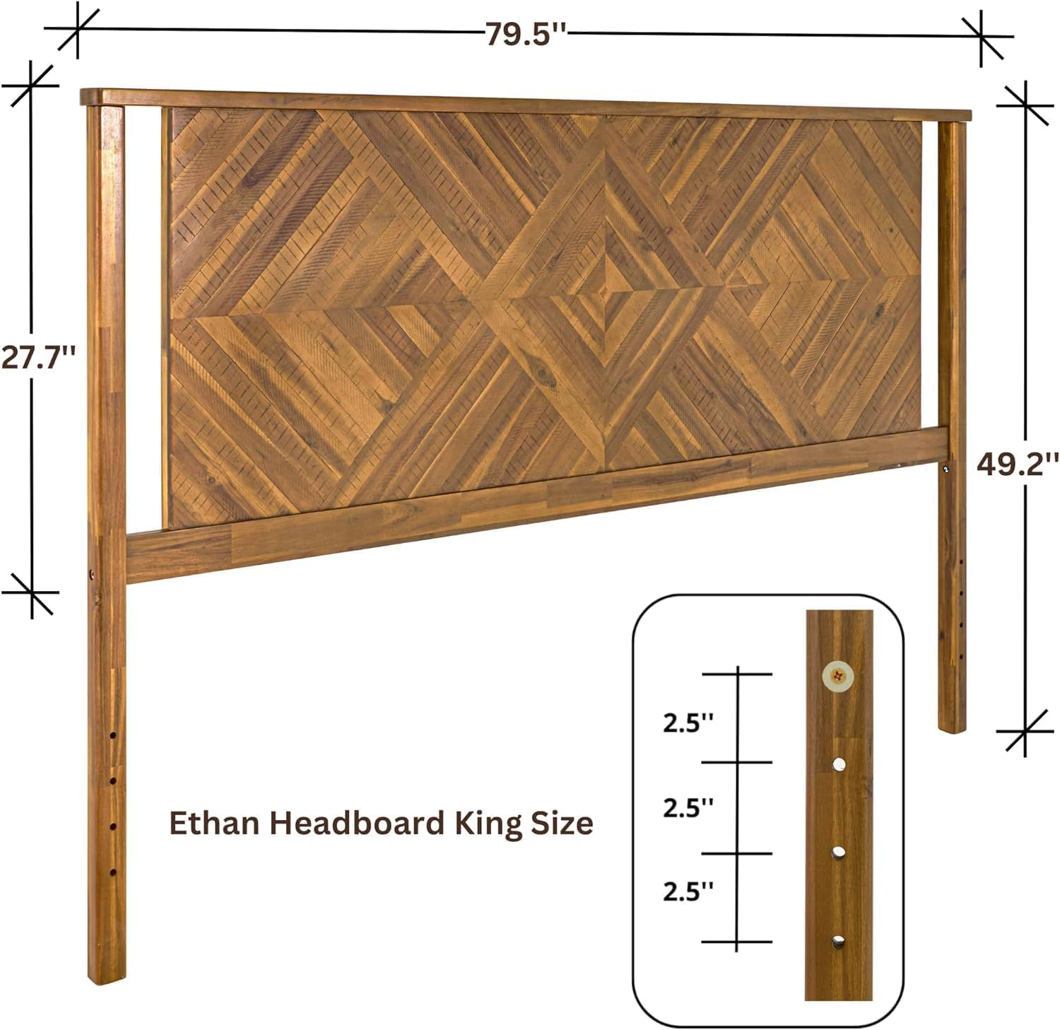 Bme Ethan King Size Diamond Headboard ONLY - Rustic & Mid-Century Modern Style Without Bed Frame - Solid Acacia Wood - Easy Assembly - Rustic Dark Brown