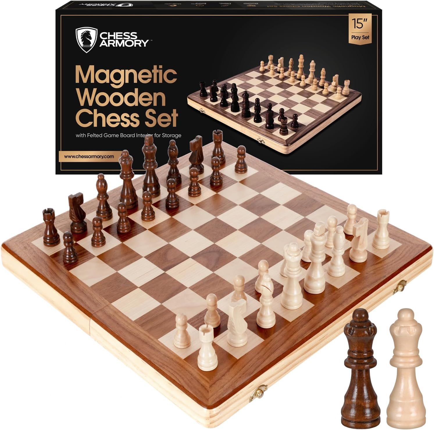 Chess Armory 15" Magnetic Wooden Chess Set with Extra Queens & Storage Box - Perfect for Adults & Kids