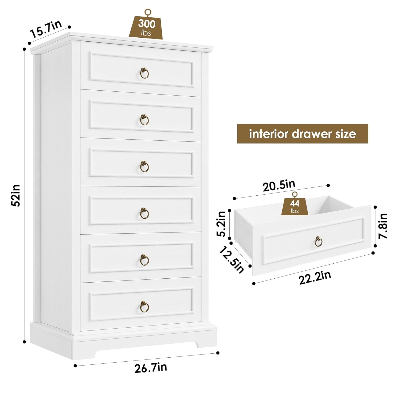 6 Drawer Dresser, 52" Tall Chest of Drawers, Modern Farmhouse Storage Dressers Organizer for Living Room, Hallway, Entryway, Home Office, White