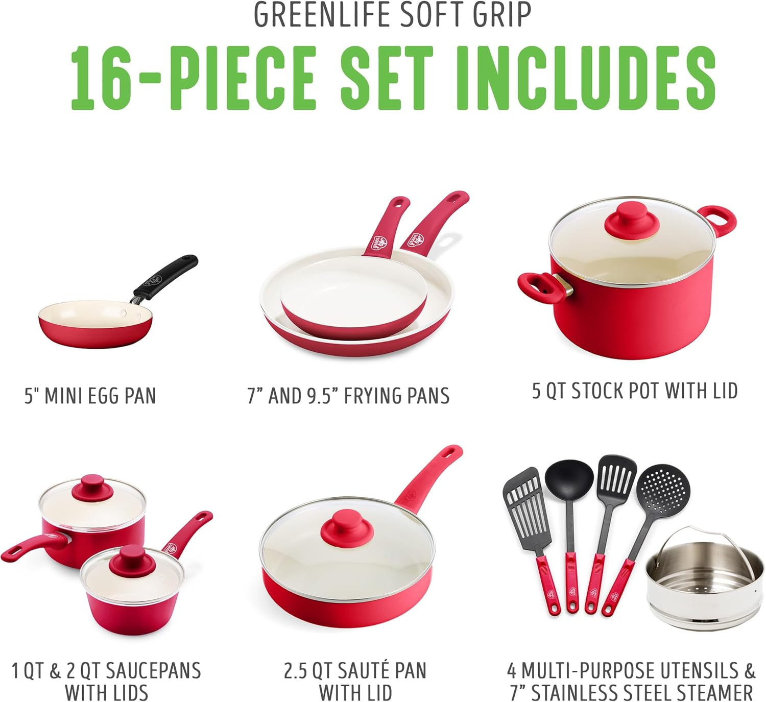 GreenLife Soft Grip 16 Piece Cookware Set, Non-Toxic PFAS-Free Ceramic Nonstick, Frying, Sauce, Saute, Utensils, Glass Lids, Stay-Cool Handles, Wobble Free, Dishwasher & Oven Safe, Red