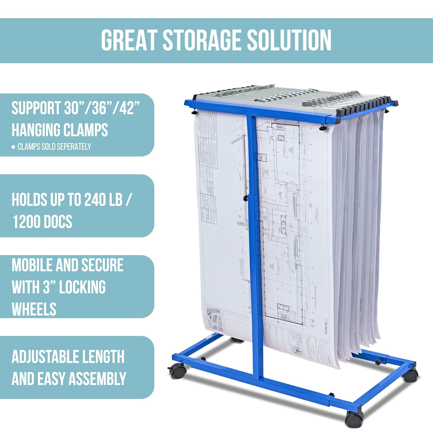 Adjustable Blue Solid Steel Mobile Blueprint Rack with Casters