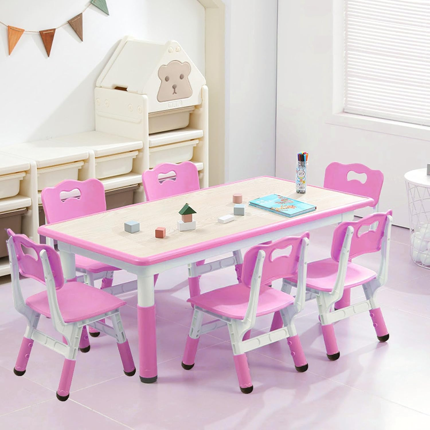 Kids Table and Chairs Set, Height Adjustable Desk With 6 Seats for Ages 2-10,Arts & Crafts Table,Graffiti Desktop, Non-Slip Legs, Max 300lbs, Children Multi-Activity Table for Classrooms,Daycares,Home