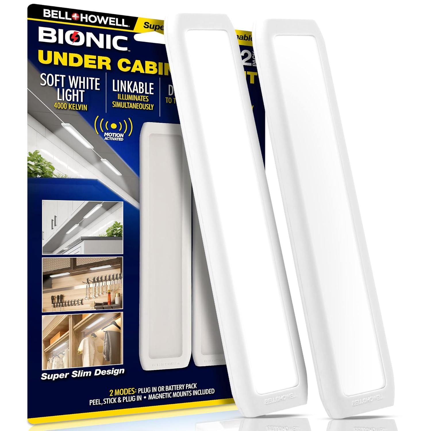 Bell + Howell Under Cabinet Lights 2 Pack Rechargeable LED Light 400 Lumens Motion Sensor Light
