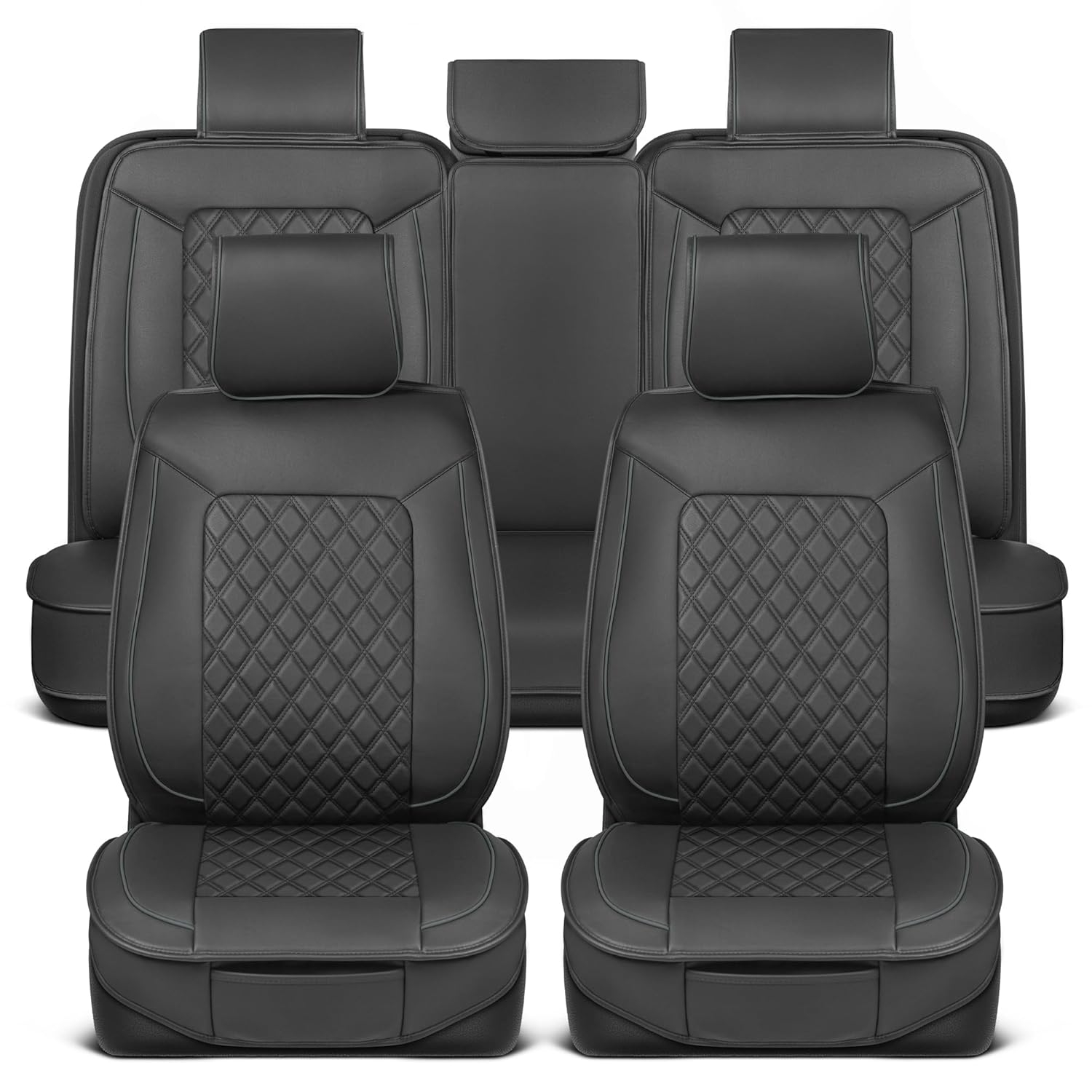 MotorBox Car Seat Covers Prestige Edition Faux Leather Black & Beige Seat Covers for Car Diamond Stitched Cushioned Seat Protectors for Auto, Trucks, SUV, Car Full Set