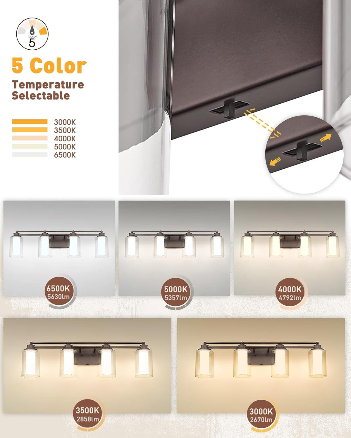 Bathroom Light Fixtures 4 Lights, HWH Oil Rubbed Bronze Bathroom Vanity Light Over Mirror with Clear Glass, 5CCT Dimmable 24W LED Vanity Lights, 5HLT63B-4W-LED ORB