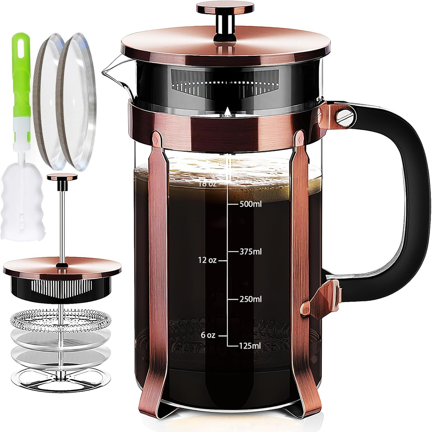 French Press Coffee Maker (21oz 600ML 3-4Cup) Coffee Press, with 4 Filters System, Heat Resistant Thickness Borosilicate Glass, Cold Brew Coffee Tea Pot Gifts (Copper)
