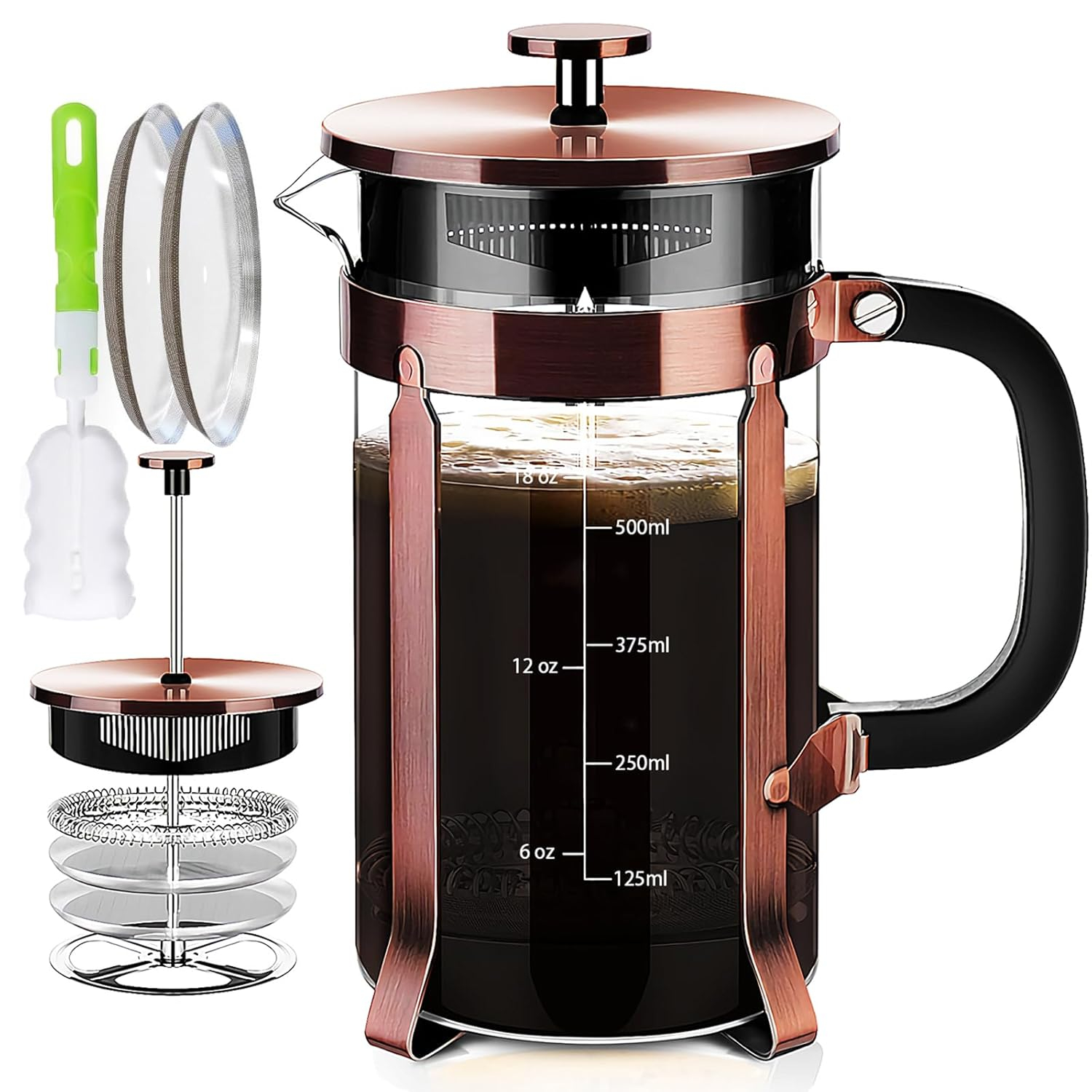 French Press Coffee Maker (21oz 600ML 3-4Cup) Coffee Press, with 4 Filters System, Heat Resistant Thickness Borosilicate Glass, Cold Brew Coffee Tea Pot Gifts (Copper)