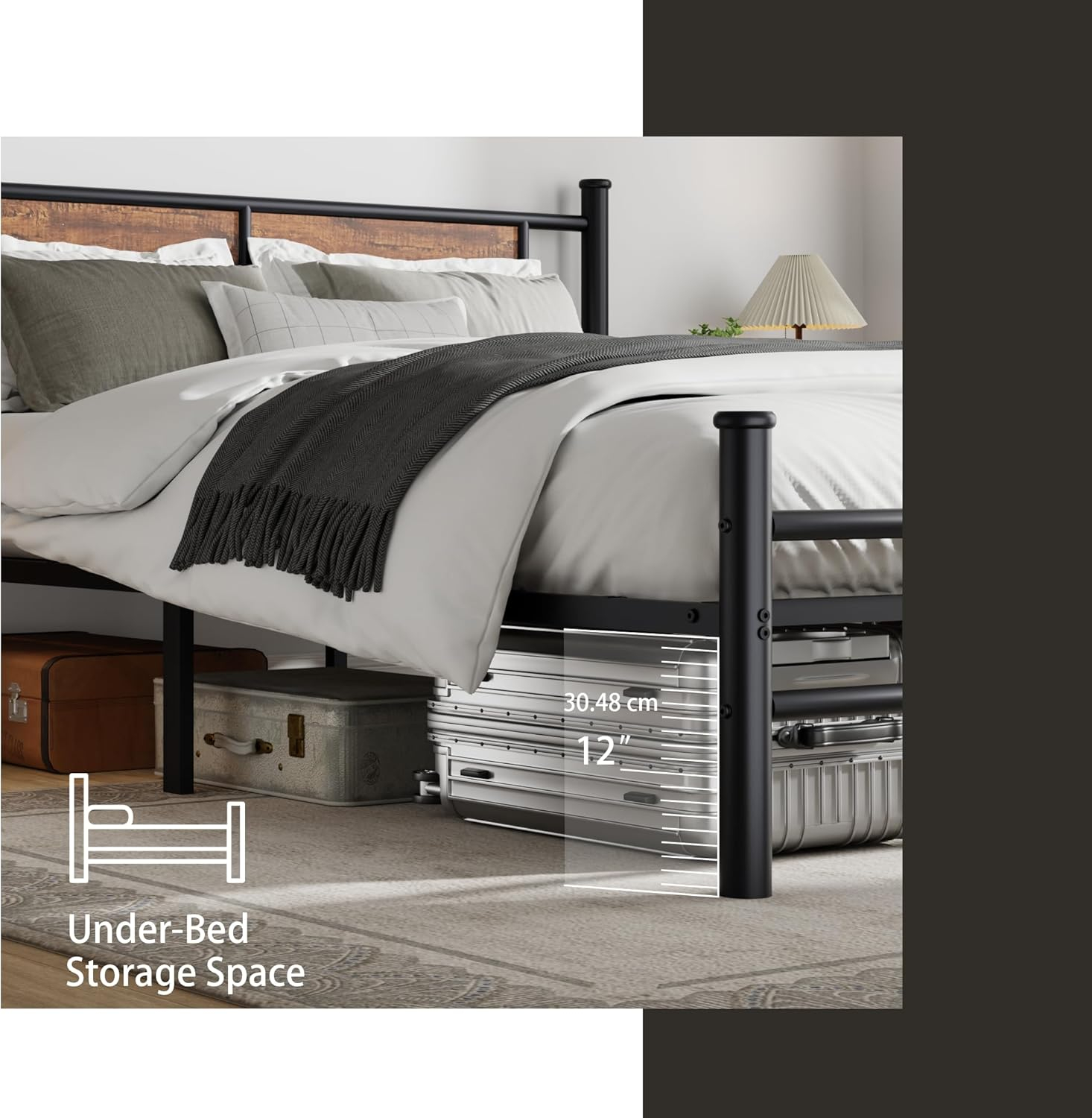 King Size Bed Frame with Rustic Wood Headboard, Metal Heavy Duty Platform, Sturdy Steel Slat Support, No Box Spring Needed, Black King Platform Bed Frame with Headboard