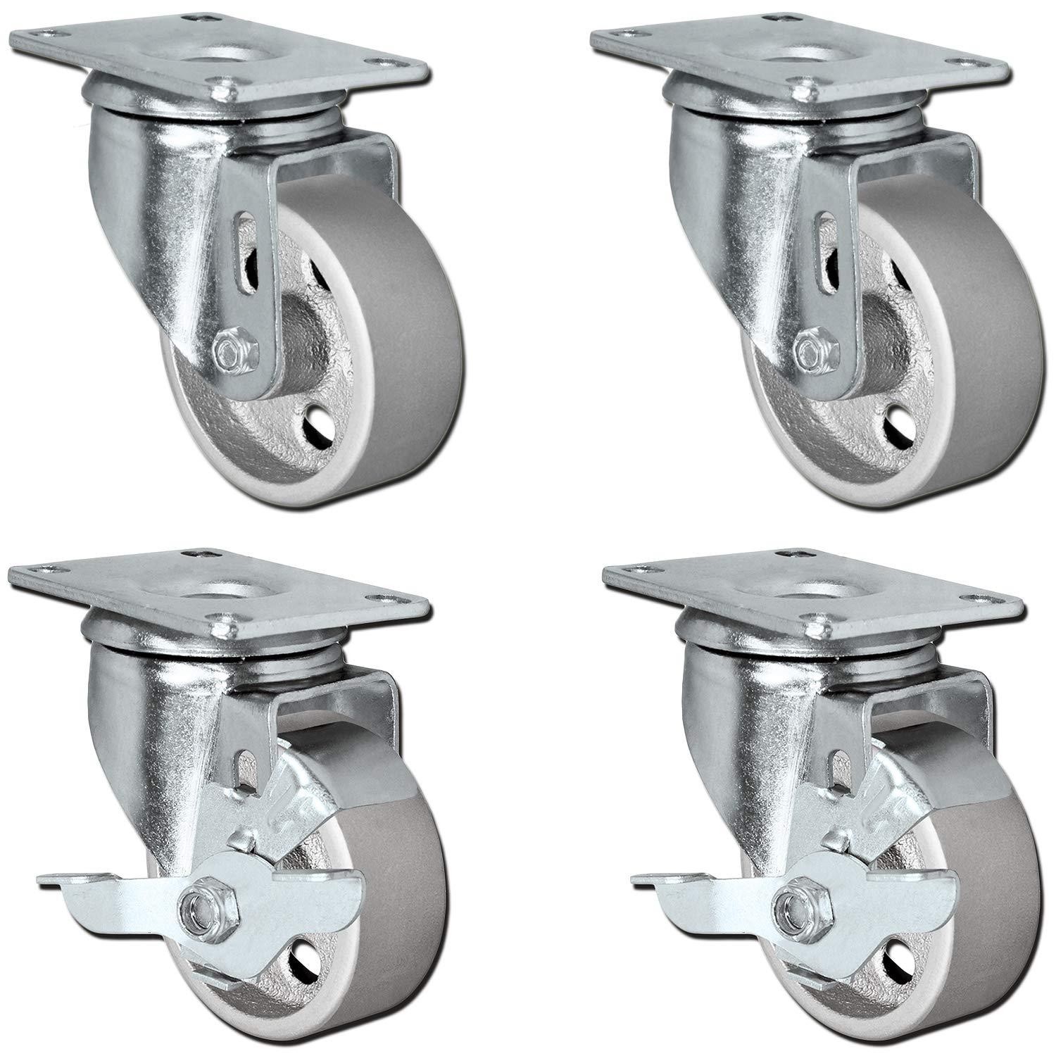 Set of 4 All Steel Swivel Plate Caster Wheels with Brakes Locking (3" Combo)