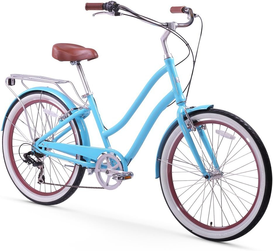 sixthreezero Everyone Steel Women's Hybrid Bike with Rear Rack, 7-Speed, 26 In. Wheels, Teal with Brown Seat and Grips