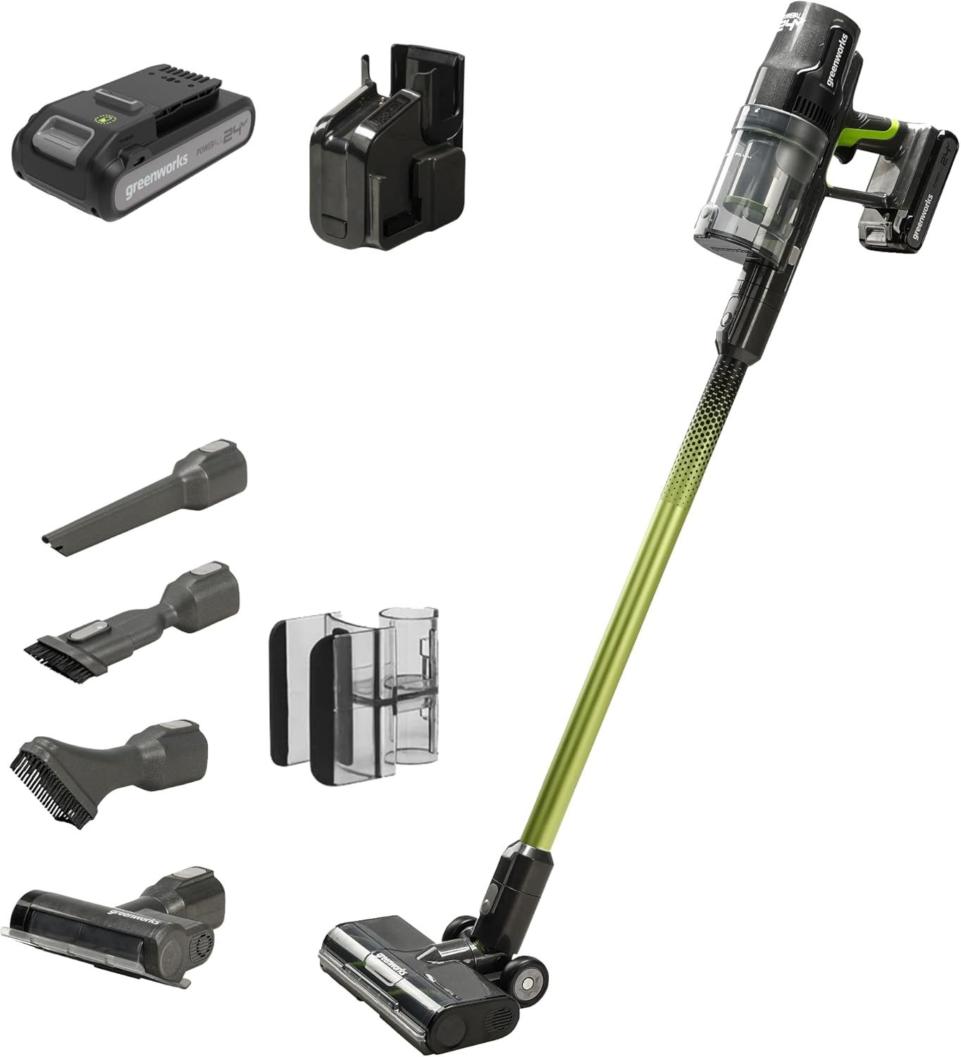 Greenworks 24V Brushless Cordless Stick Vacuum, Lightweight, Handheld, Pet, Anti-Allergen HEPA Filtration, Hard Floor, Carpet, Car, 4Ah Battery, and 30-Minute Charge Time (White)