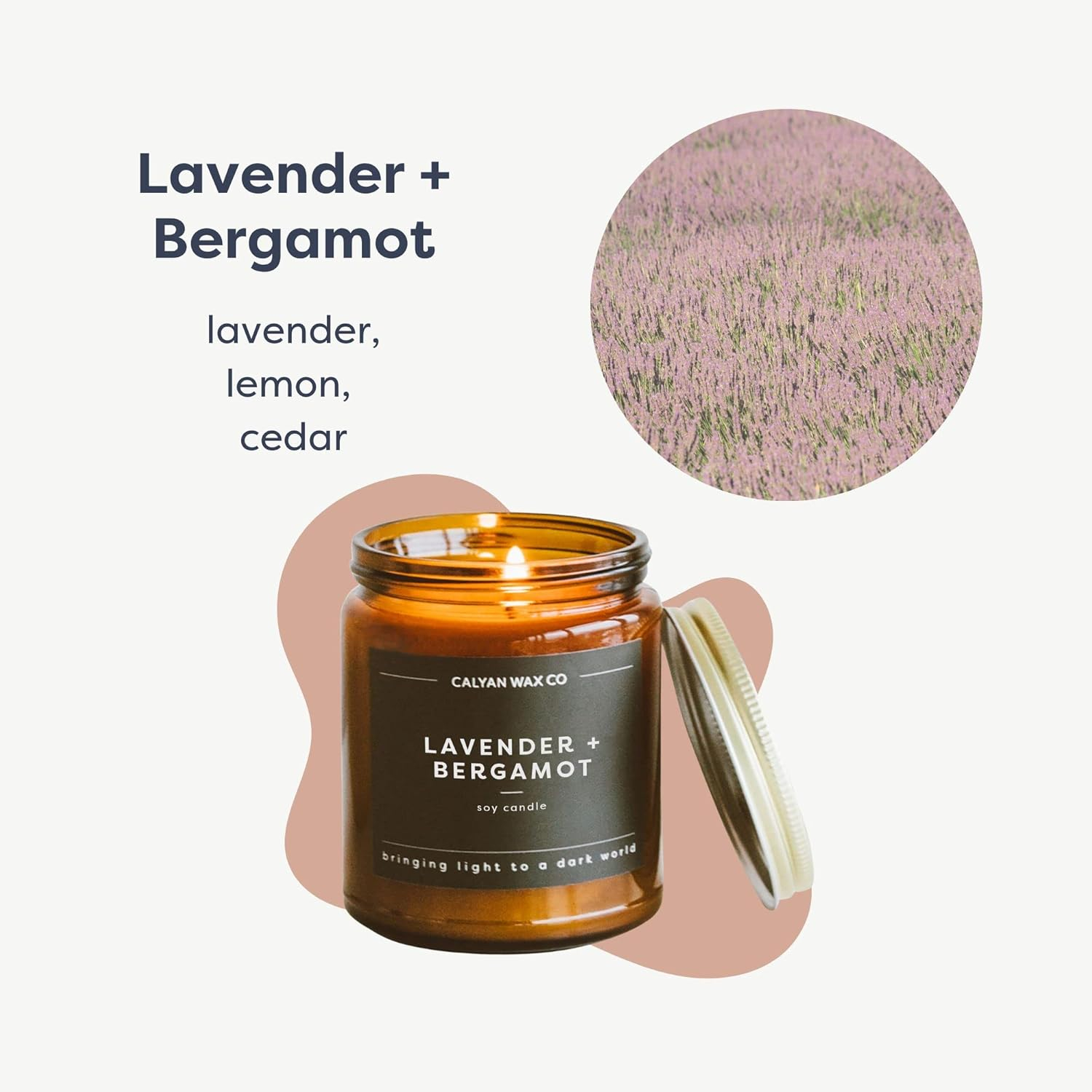 Calyan Wax Co. Soy Wax Candle, Lavender + Bergamot Scented Candle, 57 Hour Burn Time, Aromatherapy Soy Candles, Non Toxic & Vegan Soy Wax, Amber Glass Jar Scented Candles, 7.2oz