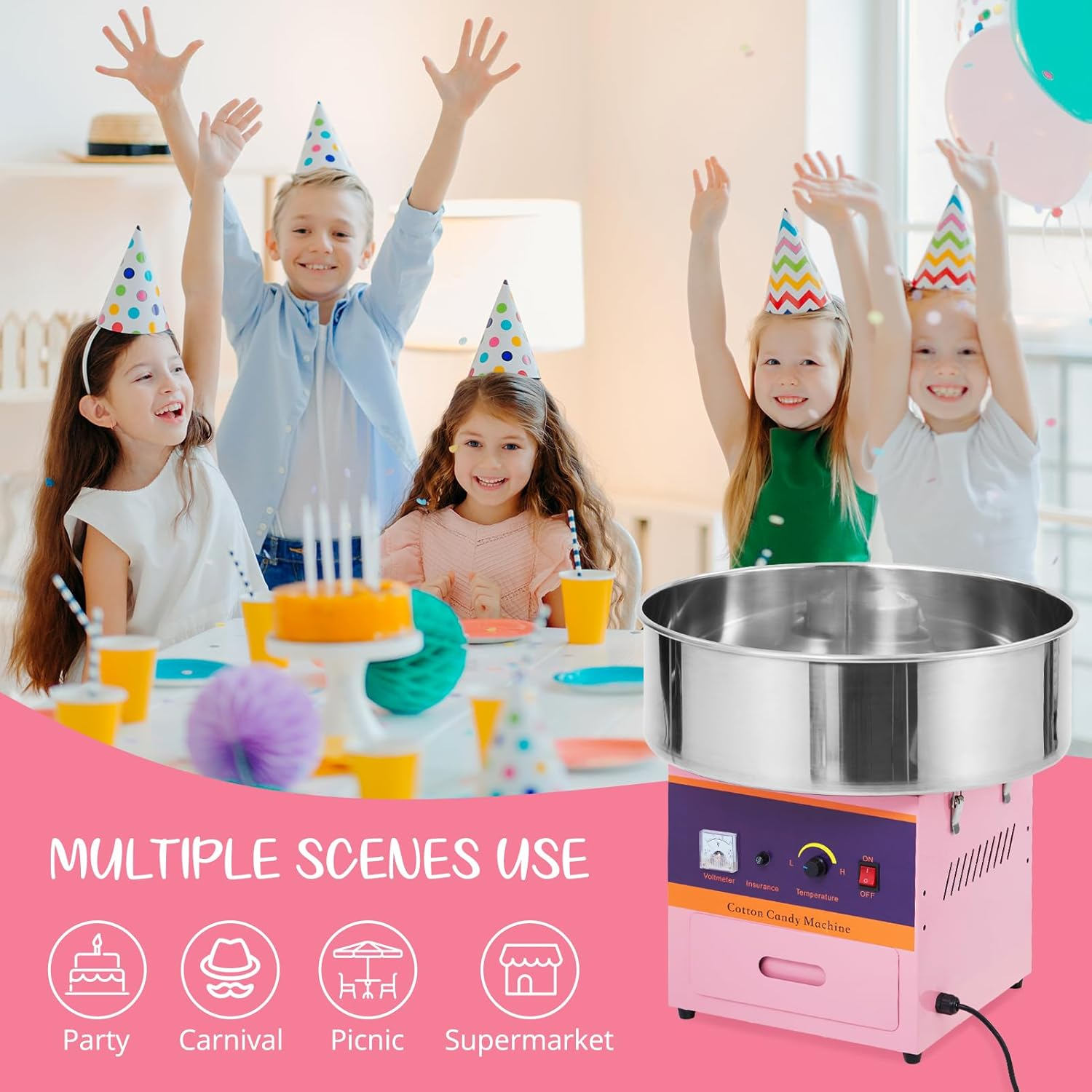 Pink Stainless Steel Commercial Cotton Candy Machine with Storage Drawer
