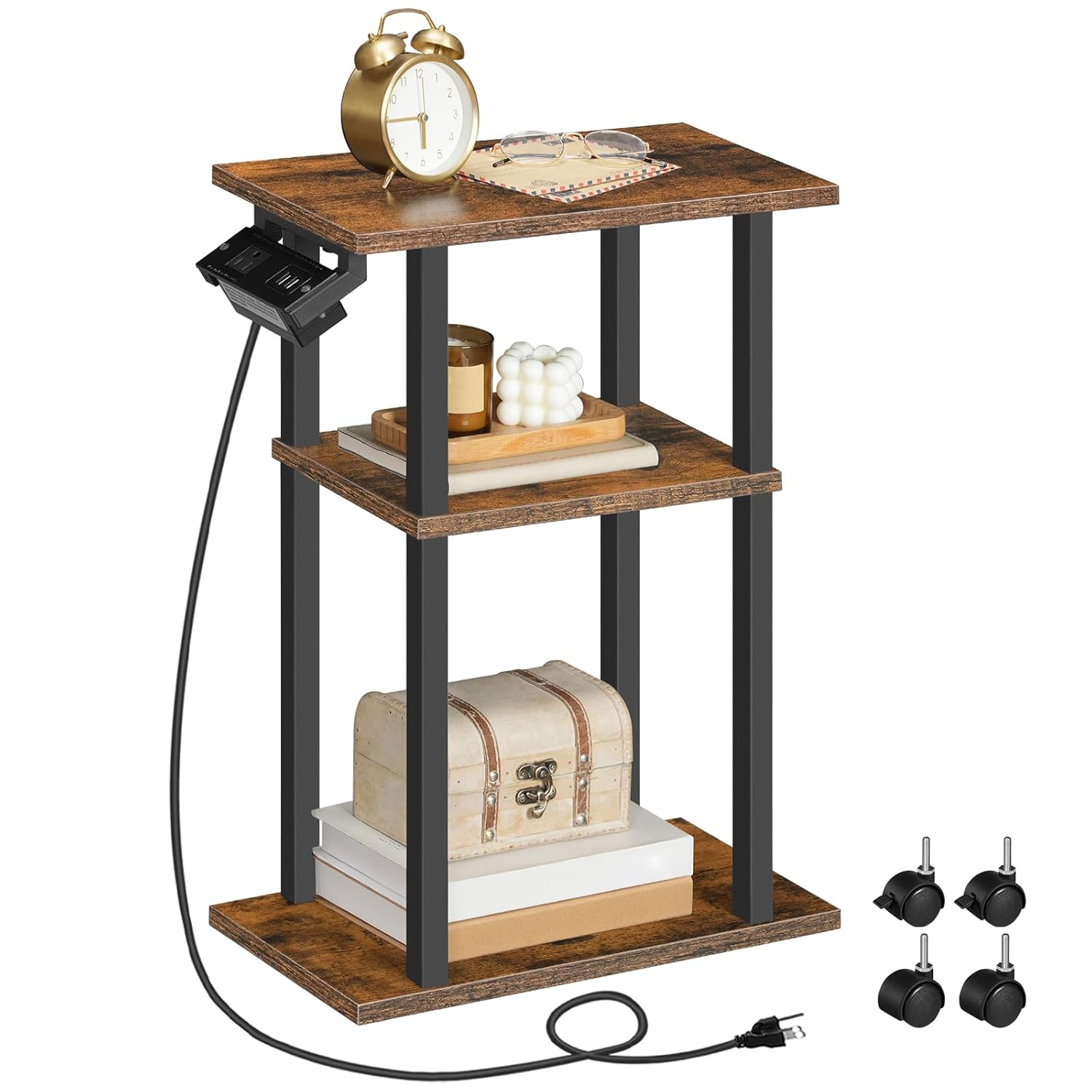 HOOBRO Small Narrow Side Table with Charging Station, Skinny End Table for Small Spaces, Slim Nightstand with USB Ports and Outlet, Sofa Beside Table on Wheels for Living Room BF122UBZ01