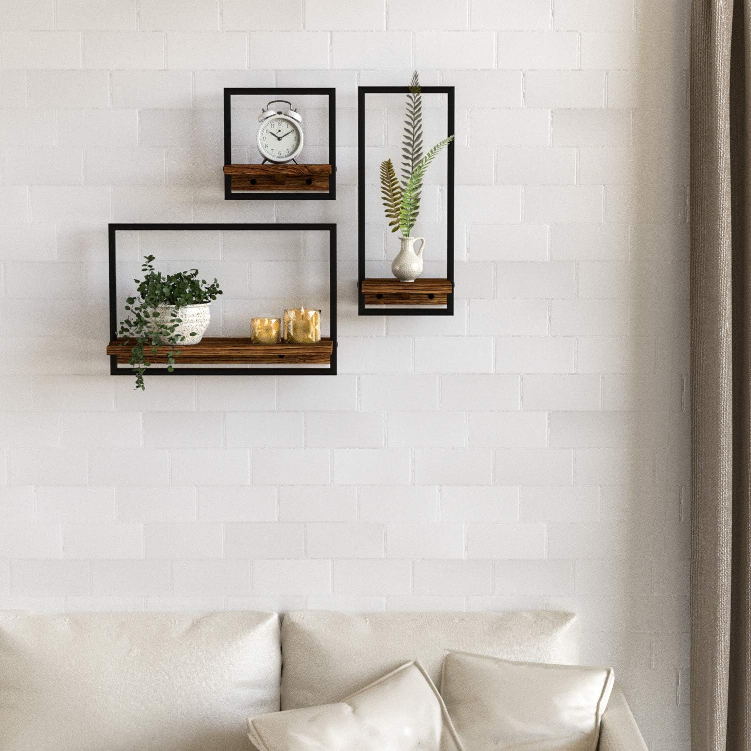 Metal Frame Rustic Wooden Floating Hanging Shelves, Home Decor Wall Mounted Display Organizing Shelf for Living Room, Bedroom, Office Bathroom. Set of 3