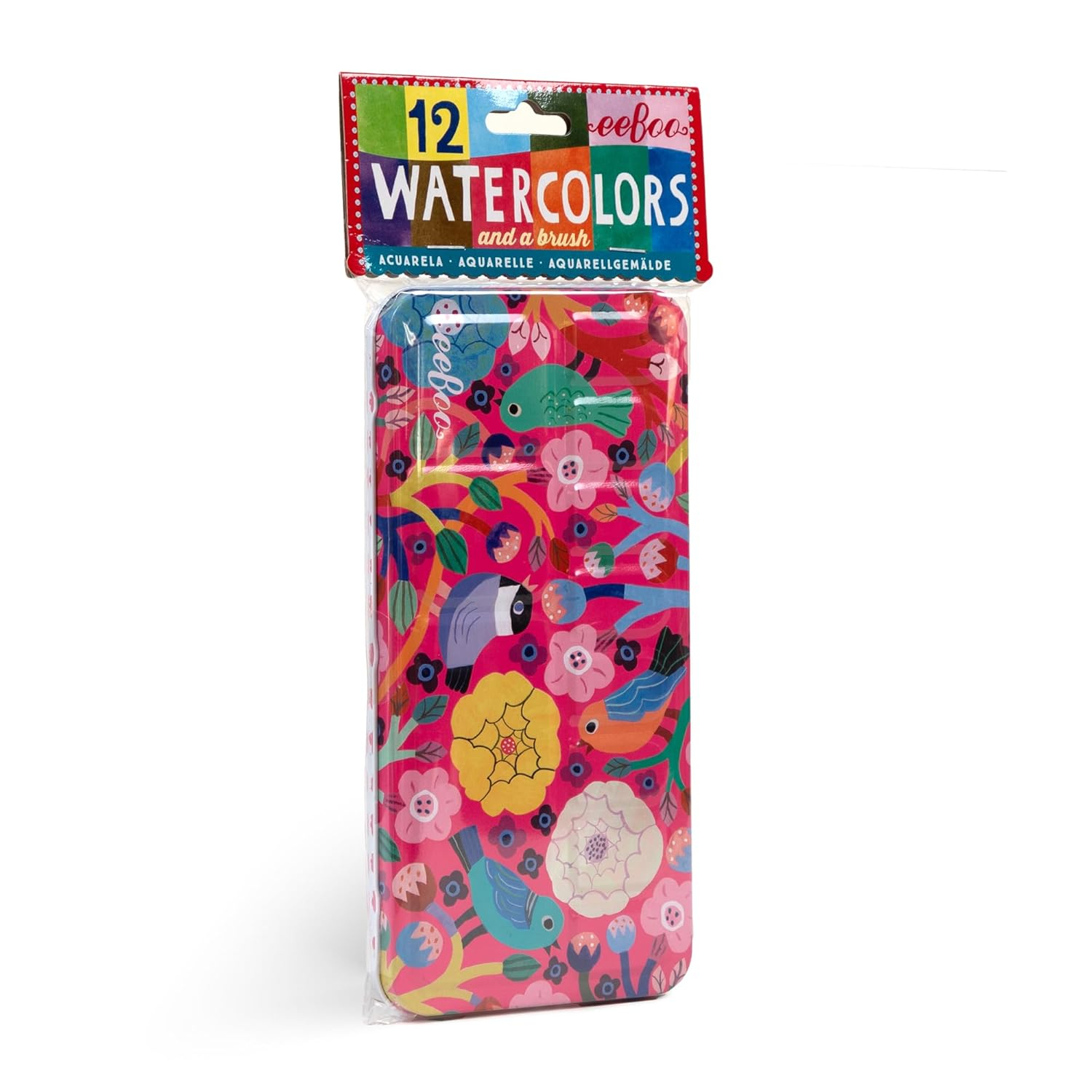 eeBoo: Birds in Fuchsia 12 Watercolors - Paint Set w Brush, Beautiful Design Tin Box, 12 Vibrant Colors, Kids Art Supplies, Ages 3+