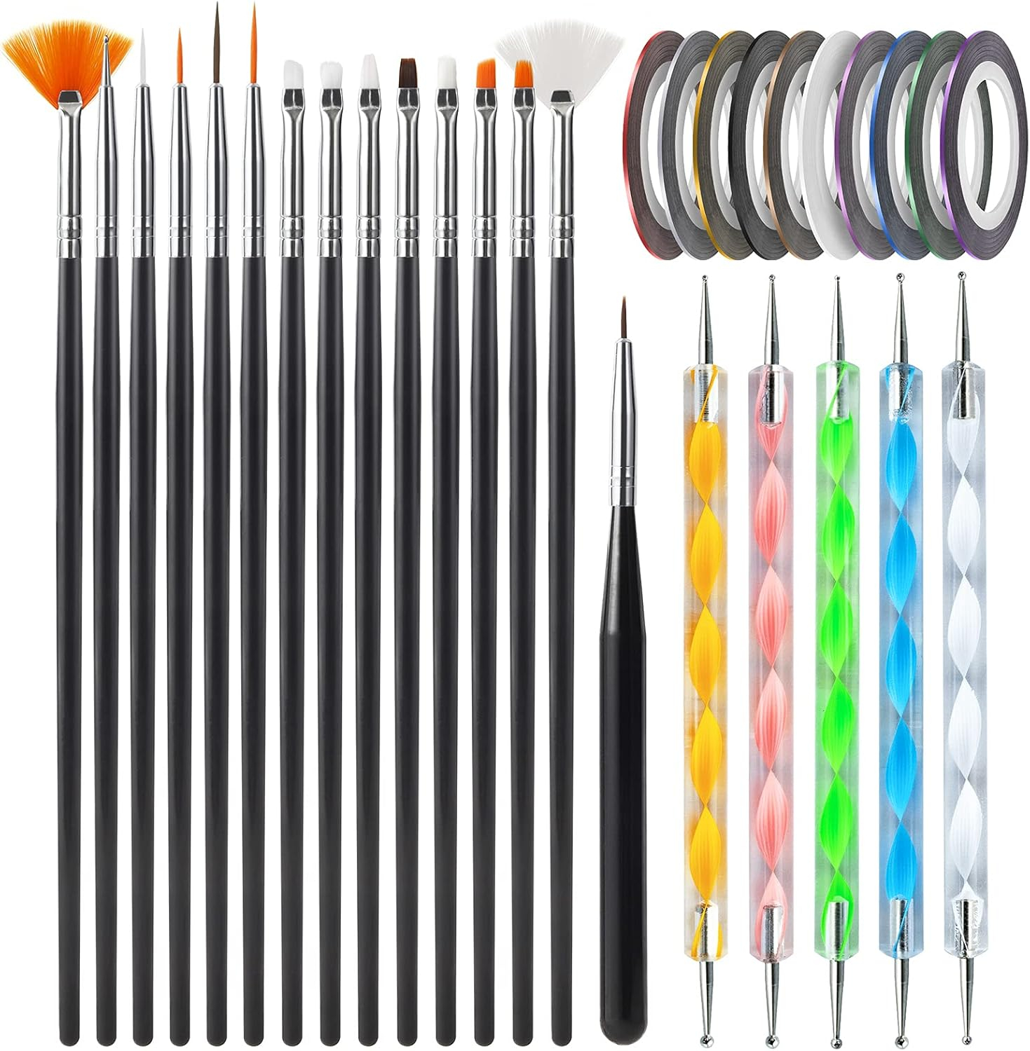 JacobsParts 20-Piece Professional Nail Art Brushes Set, Dotting Tools, Dust Brush, Nail Drawing Pen for Perfect Manicure and Detailed Designs (Black)