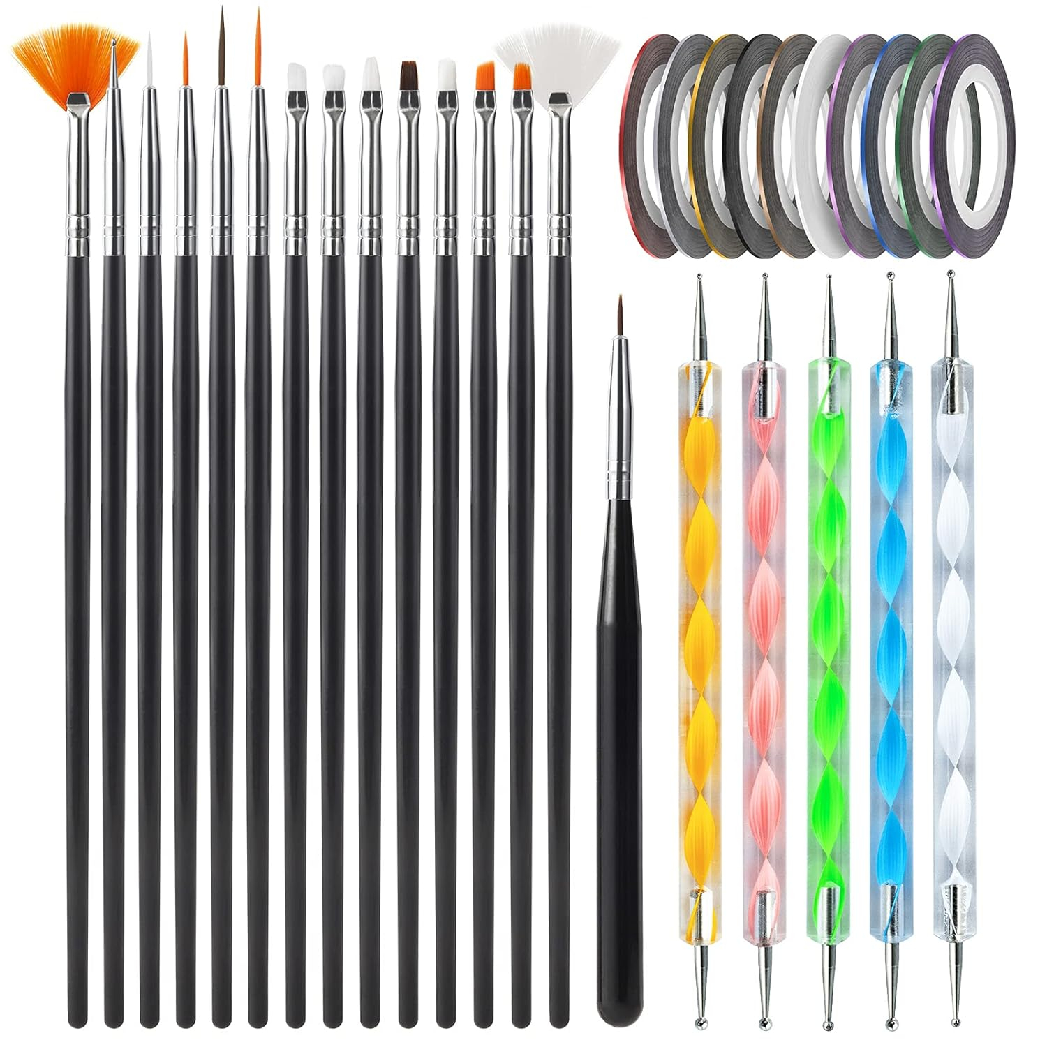 JacobsParts 20-Piece Professional Nail Art Brushes Set, Dotting Tools, Dust Brush, Nail Drawing Pen for Perfect Manicure and Detailed Designs (Black)