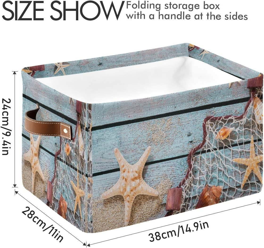 AUUXVA Summer Beach Sand Storage Basket Bin Rustic Wooden Starfish Large Fabric Toys Storage Cube Box with Handles Collapsible Closet Shelf Cloth Organizer Basket for Nursery Bedroom Bathroom