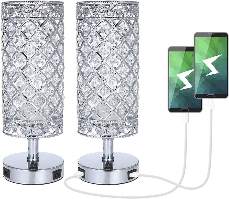 Crystal Table Lamp Set of 2, Bedside Nightstand Lamps with 2 USB Charging Ports, Silver Crystal Desk Lamp for Bedroom Living Room