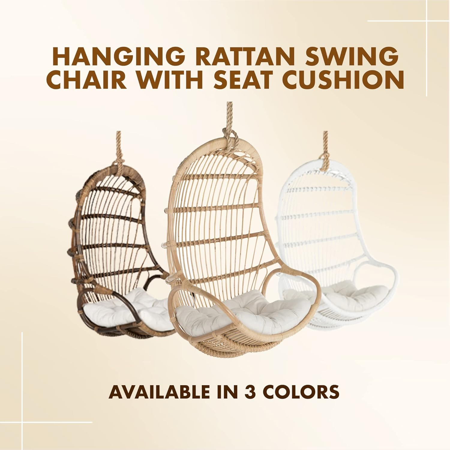 KOUBOO Hanging Rattan Swing Chair with Seat Cushion, Handwoven Natural Rattan Chair, Coastal Home Decor Furniture for Bedroom, Living Room, & Sun Room, Natural
