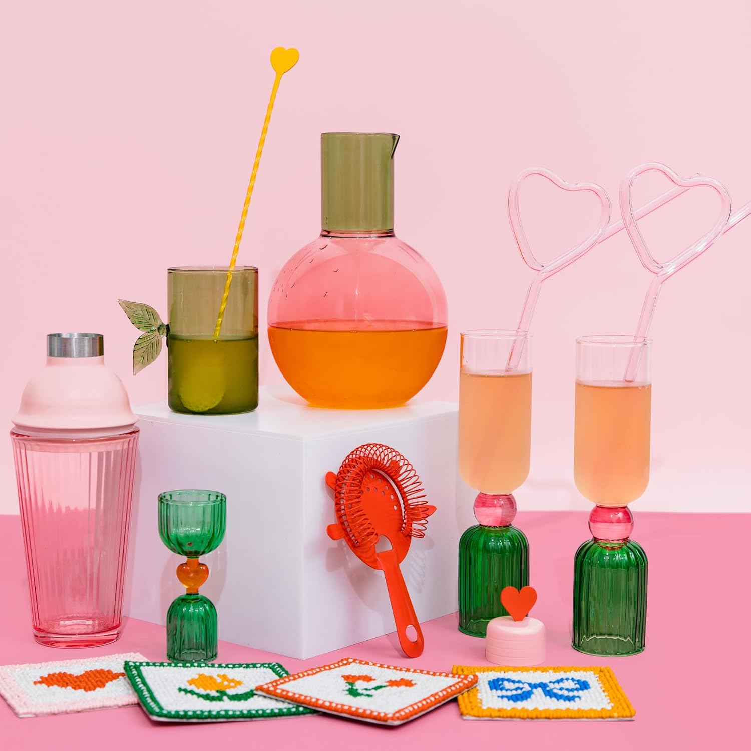 ban.do Cocktail Measuring Jigger, Double Jigger Shot Glass, 1/2 and 1 Shot Measuring Cup, Green Glass Bar Tool (Tipsy Turvy Green)