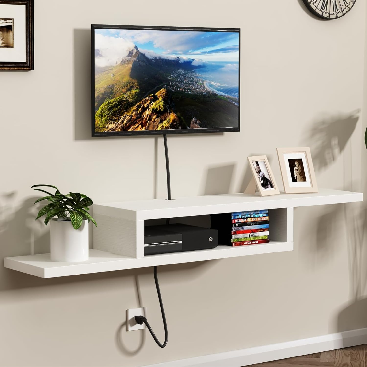 ChooChoo Floating TV Stand Shelf, Wall Mount Entertainment Center Media Console for Living Room, Bedroom, White