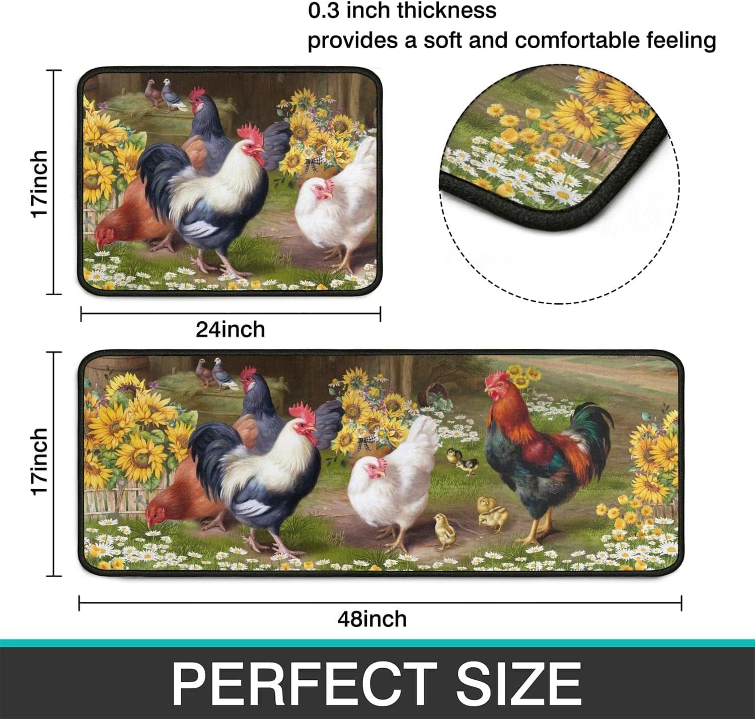 Farmhouse Rooster and Sunflower Washable Runner Rug Set