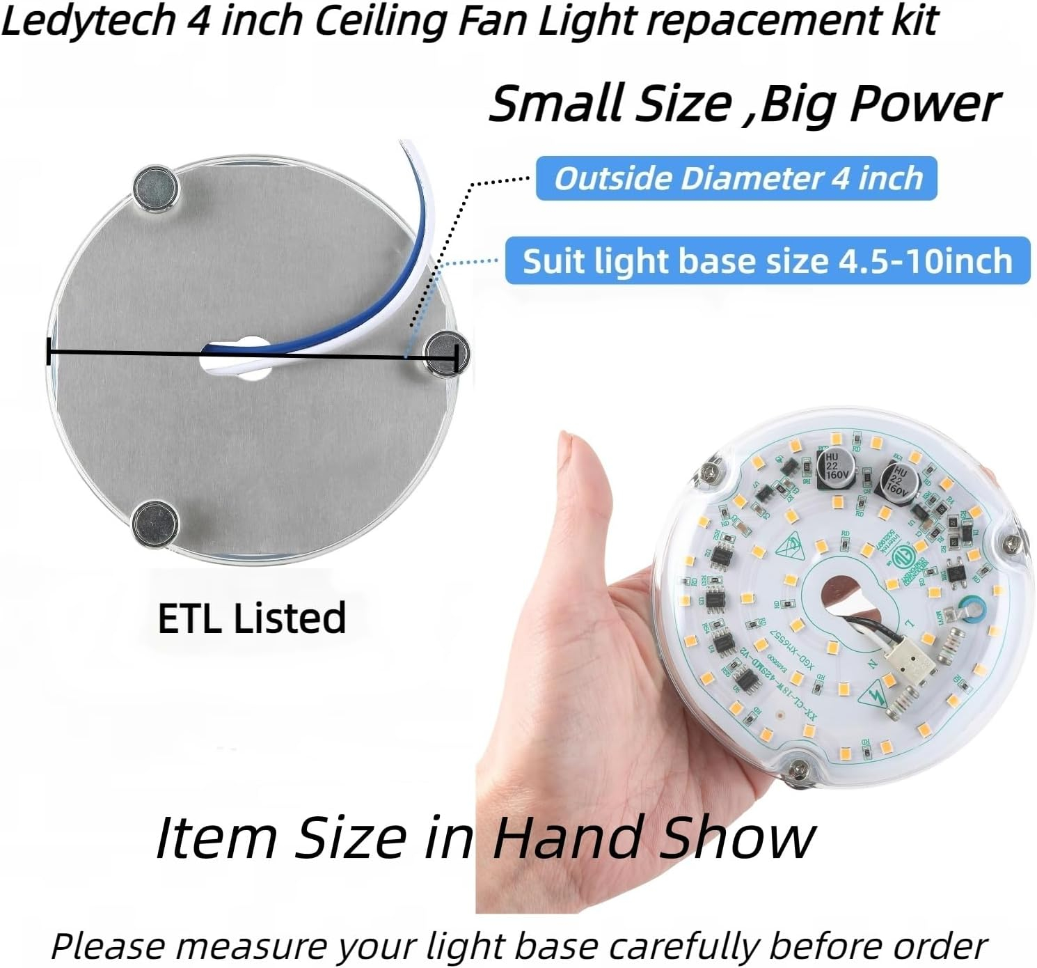 4 inch Retrofit Light Kit for Ceiling Fan Light Replacement Panel PCB 18W 6000K 2200LM 120V CRI90 Dimmable ETL (White 6000K)