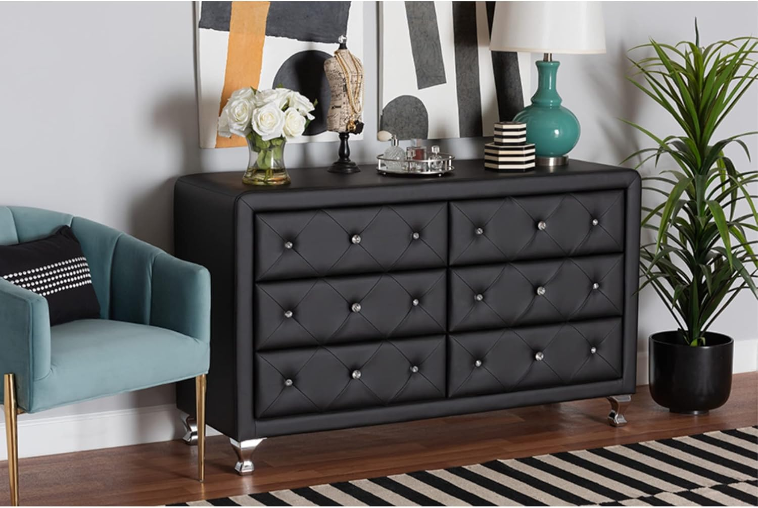 Baxton Studio Luminescence Black Faux Leather Upholstered Dresser