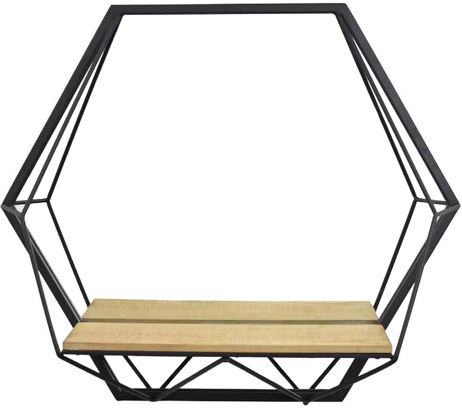 Hexagon Black Metal Frame with Light Brown Wood Shelf Wall Mirror