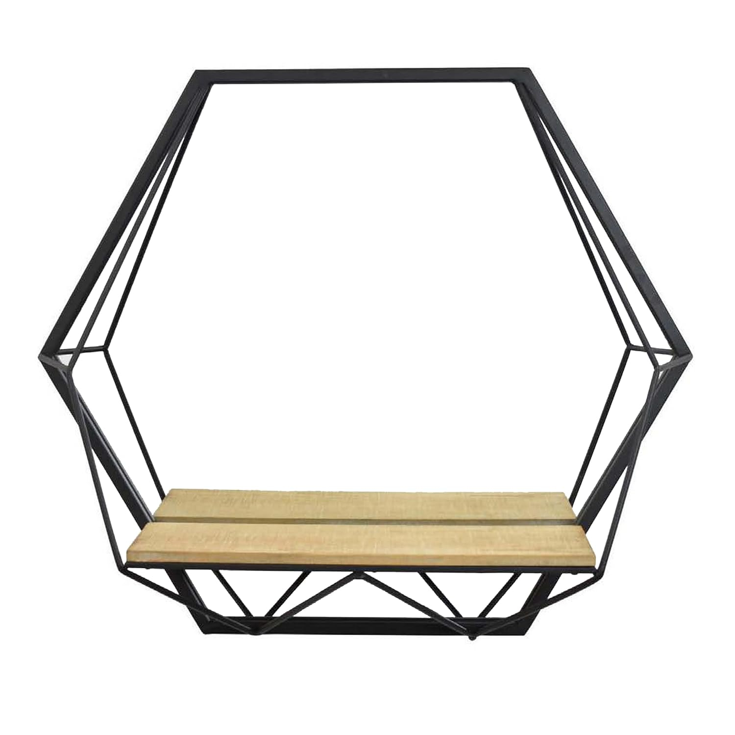 Hexagon Black Metal Frame with Light Brown Wood Shelf Wall Mirror