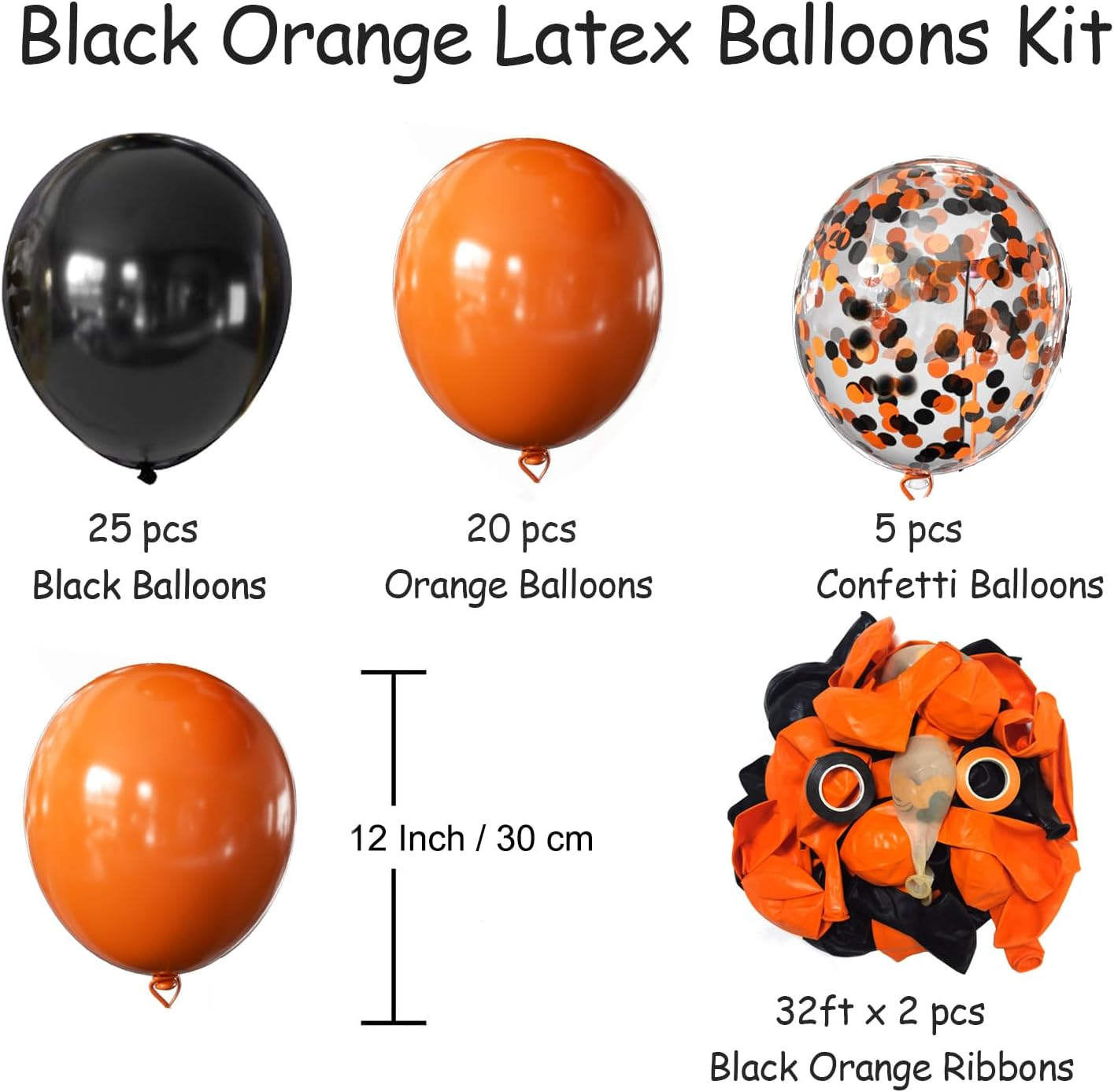 Halloween Party Black and Orange Latex Balloons with Confetti, 12 Inch, 50 Pcs