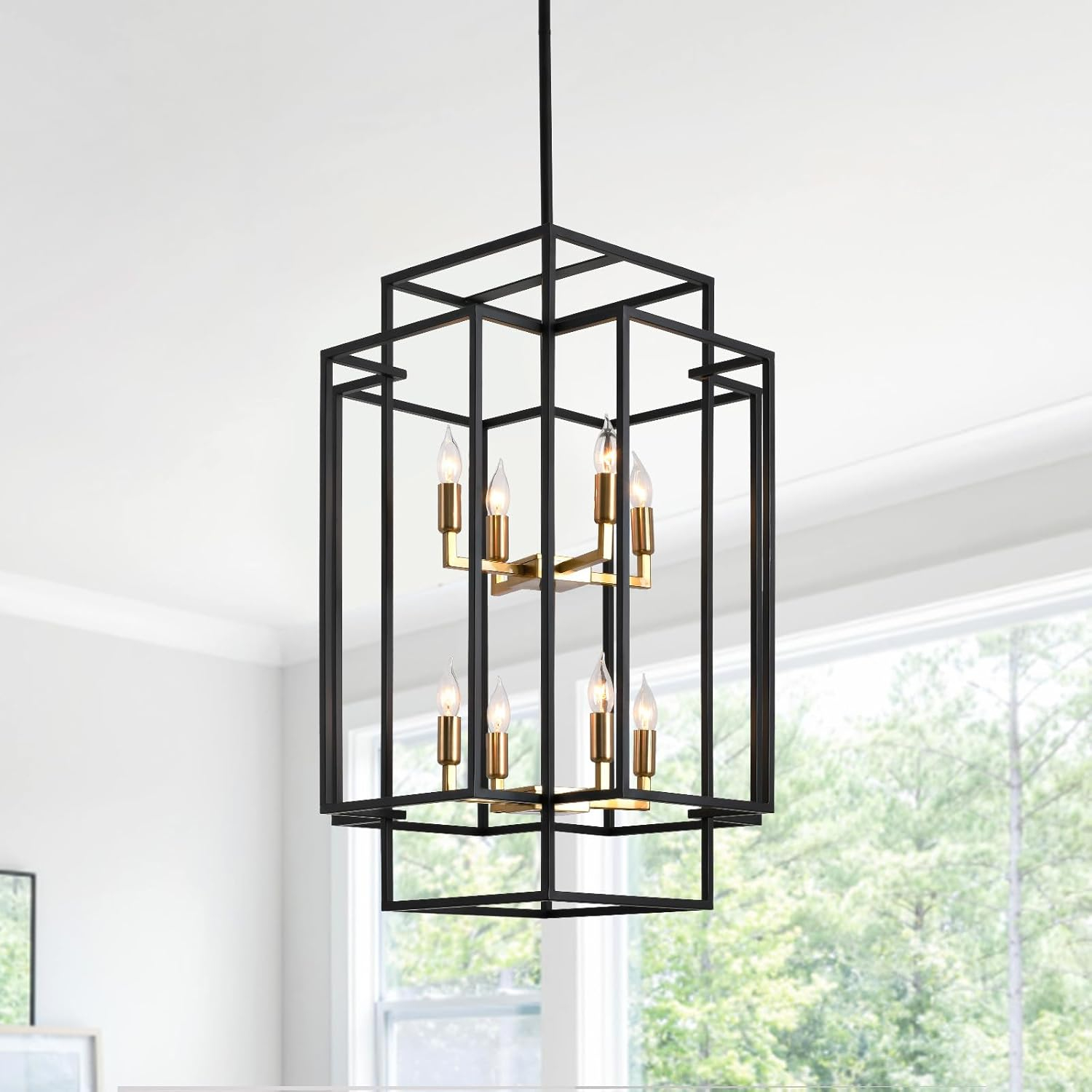 8-Light Lantern Tiered Pendant Light Fixtures, Black Metal Farmhouse Chandelier Hall Foyer Hanging Chandelier for Kitchen Island Dining Room Living Room Foyer Entryway, Black+Gold