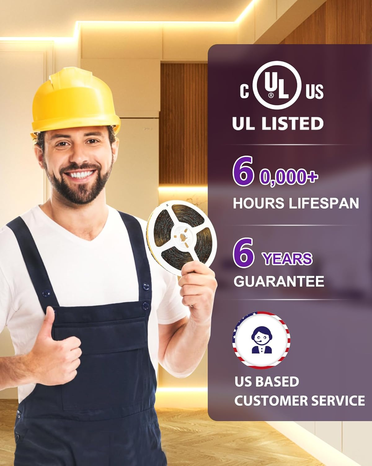 HitLights COB LED Strip Lights Warm White 3000K, 16.4ft Premium 12V Tape Light High Density, 2400 LEDs, 305+ LM/FT, CRI 90+, IP30, Lighting for Kitchen, Cabinets, UL Listed (Power Source Not Included)