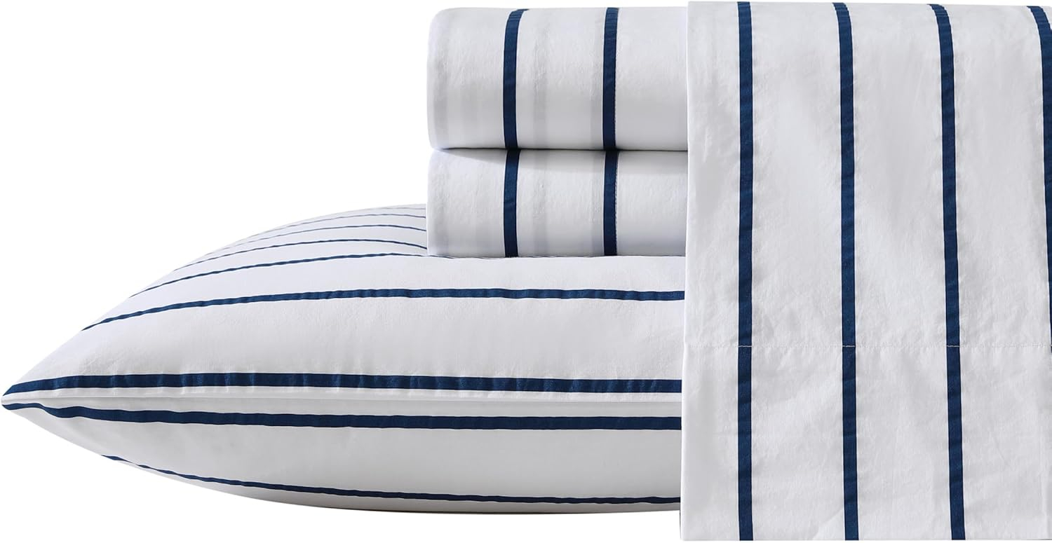 Brenton Stripe 3-Piece Navy Blue Cotton Twin XL Sheet Set