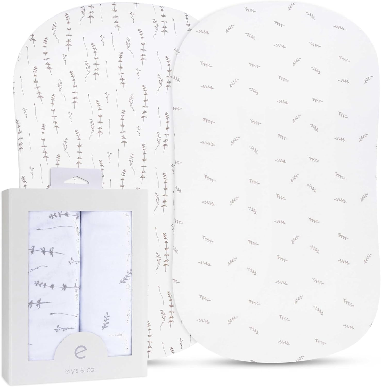 Ely’s & Co. Bassinet Sheets, Baby Boy/Girl Fitted Bassinet Mattress Sheet Set - 2 Pack, 100% Jersey Knit Cotton, fits Oval, Hourglass and Rectangle Mattress, Forest Grey Floral, 32”x16”x3”