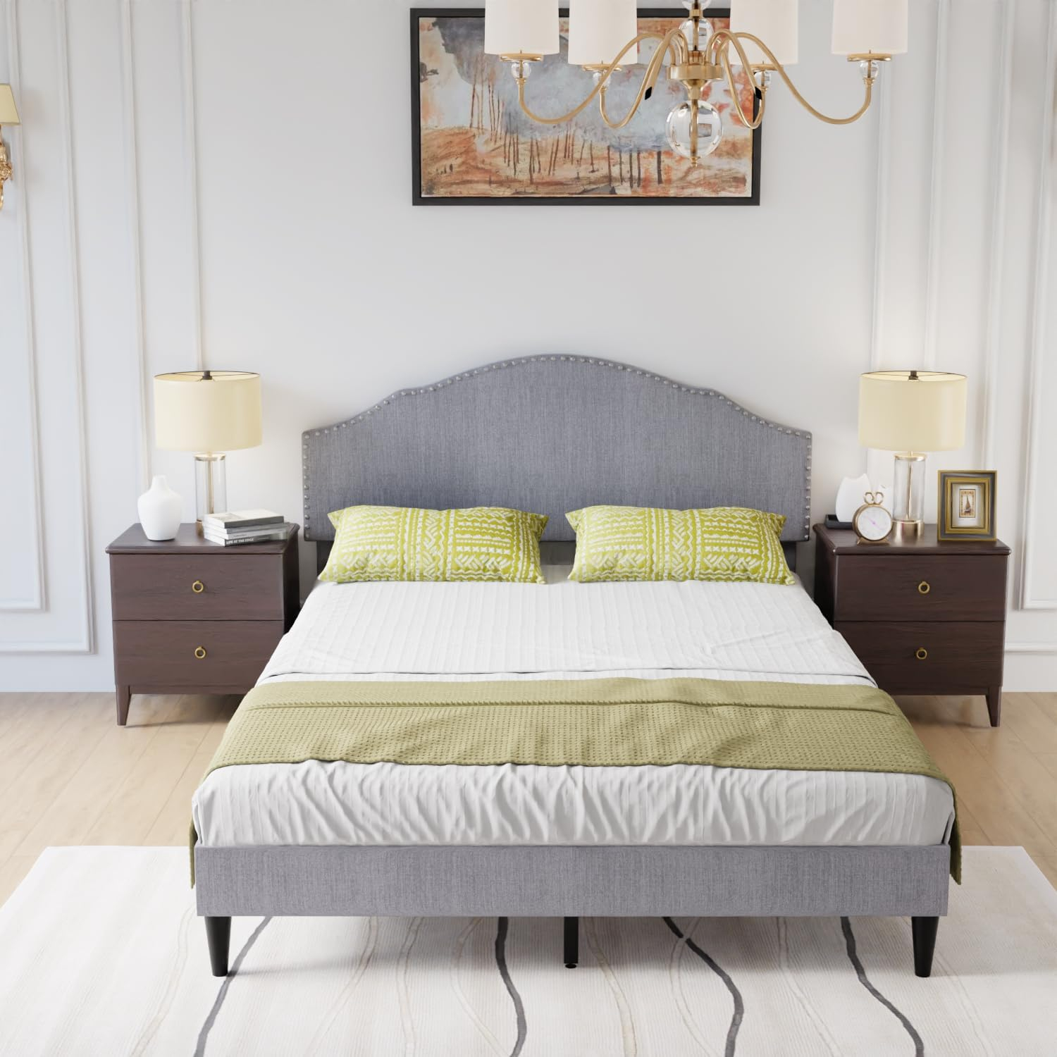 PayLessHere Upholstered Full Platform Bed Frame with Fabric Headboard and Wooden Slats Support, Fully Upholstered No Box Spring Needed Non-Slip and Noise-Free, Full