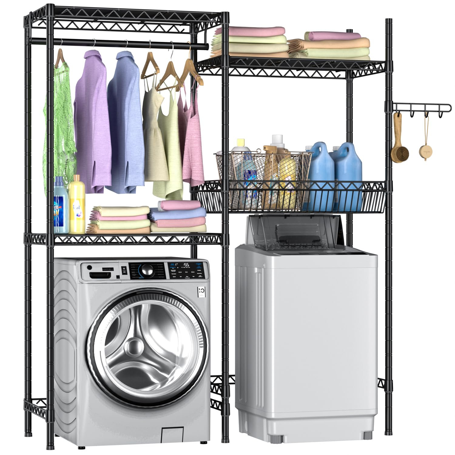 Over Washer and Dryer Shelves,Laundry Room Storage Organization Clothes Drying Rack,4 Tier Adjustable Height Wire Shelving with Wire Basket,Hanger Rod&Hook,Space Saving Shelf