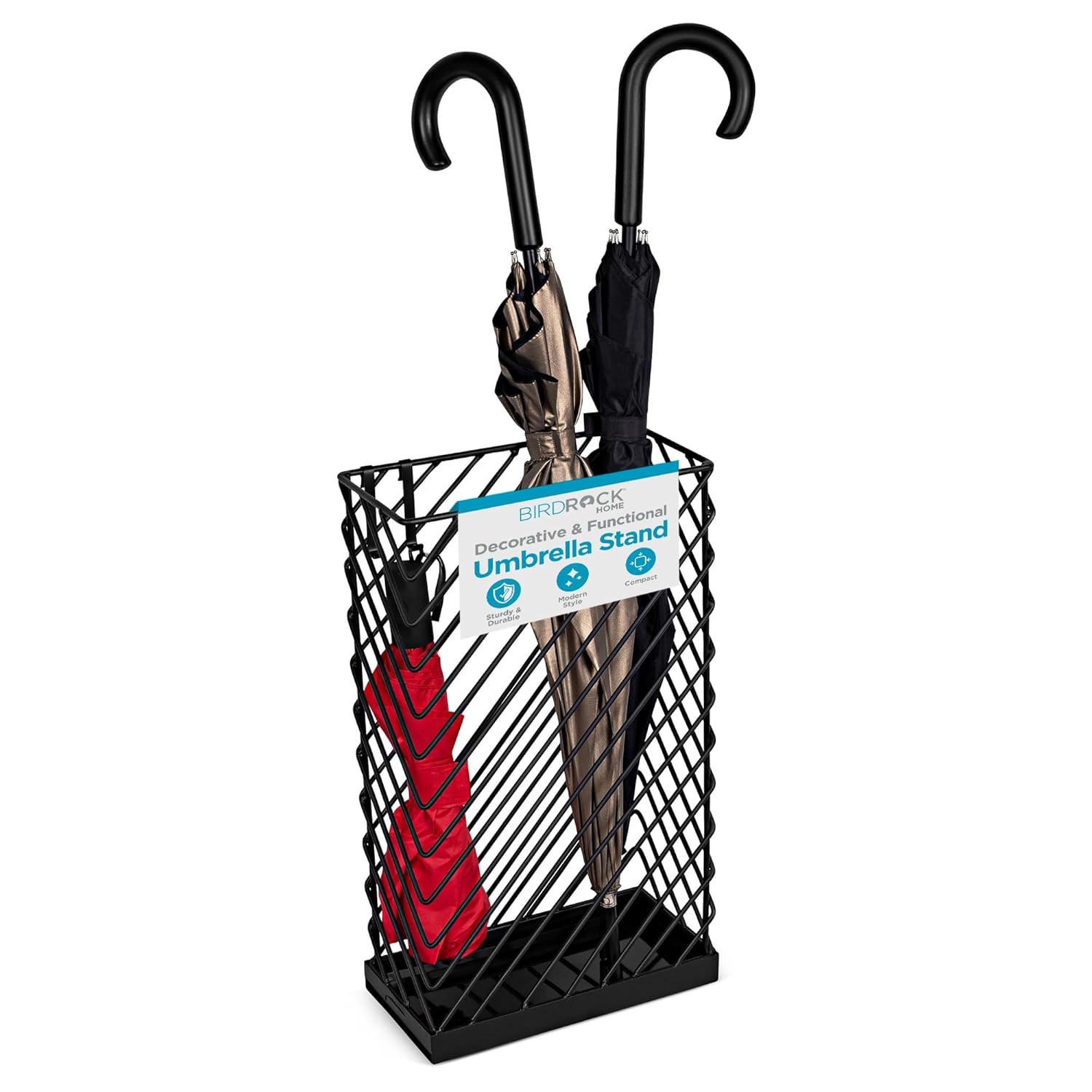 BIRDROCK HOME Decorative Umbrella Stand with Removable Water Tray - Large Metal Umbrella Rack and Cane Walking Stick Organizer for Entryway - Umbrella Holder for Indoor & Outdoor - Black, Diagonal