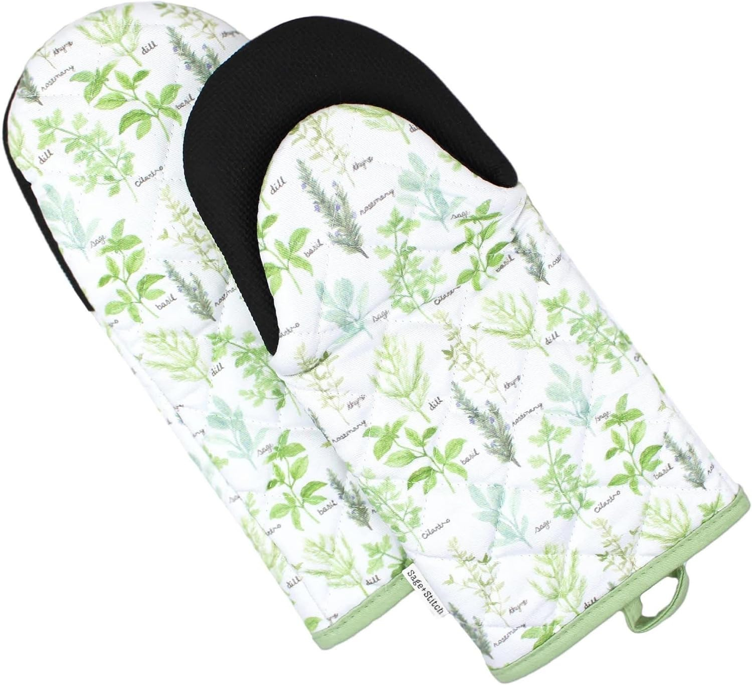 Sage+Stitch Kitchen Oven Mitts with Neoprene Non-Slip Grips and Hanging Loops | Set of 2 100% Cotton Long Sleeve Hot Pots | 5.5" x 12" | Green Herbs