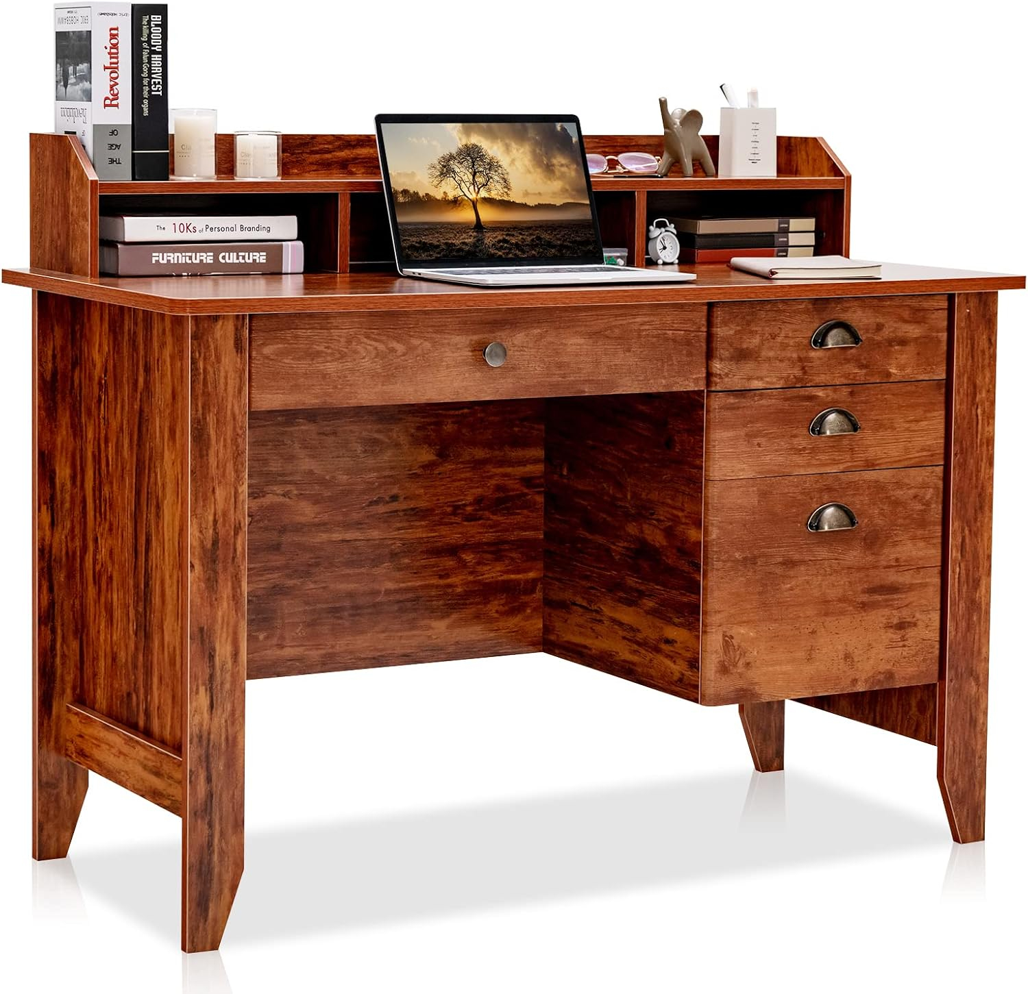 GVN Vintage Computer Desk with Storage Shelves and 4 Drawers-Rustic Brown, Desk for Bedroom, Gaming Computer Desks for Study,Working,Writing