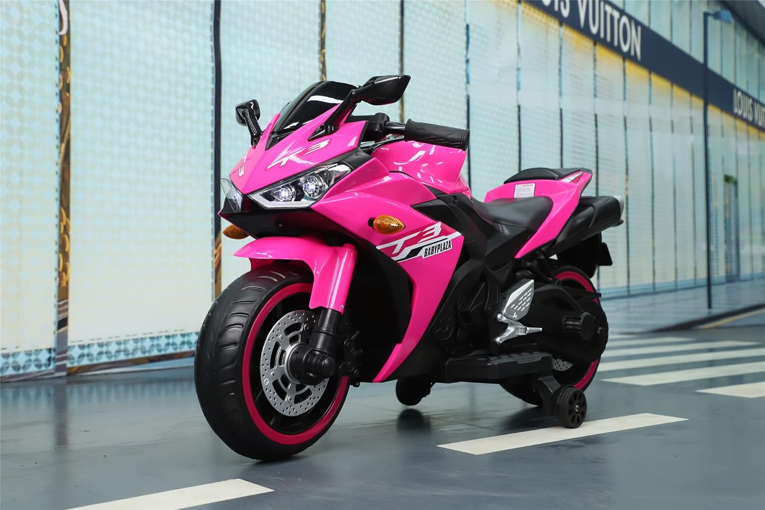 WEEROCK Kids Electric Motorcycle with Trainning Wheels for 3-8 Years(43-59in), Boys Girls Ride on Electric Motorbike, Light Wheels Hand Drive for Child Motorized Toys Gift, Pink