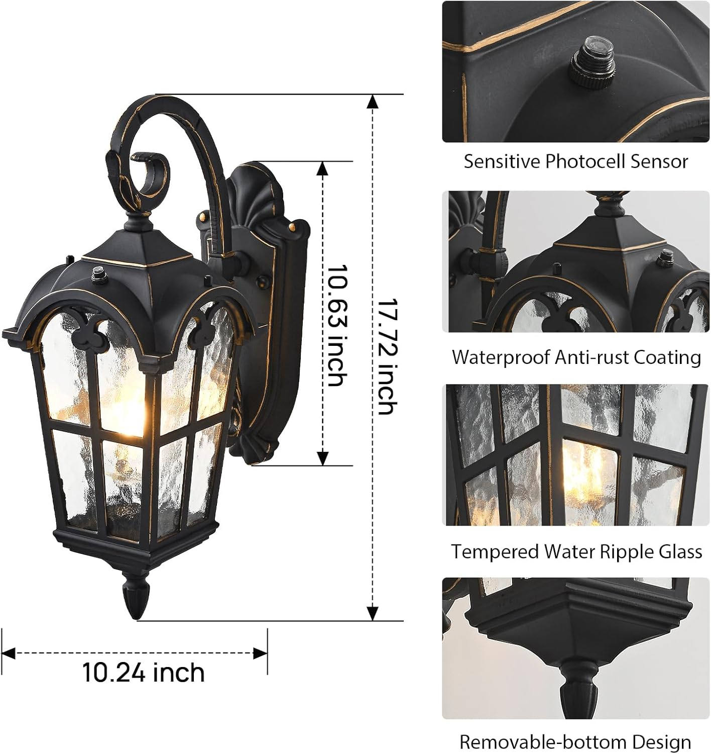 Dusk to Dawn Outdoor Wall Lights 17.1" H Large Exterior Lighting Fixtures Black Porch Light Waterproof Roman Wall Lantern with Water Ripple Glass for House Garage Patio
