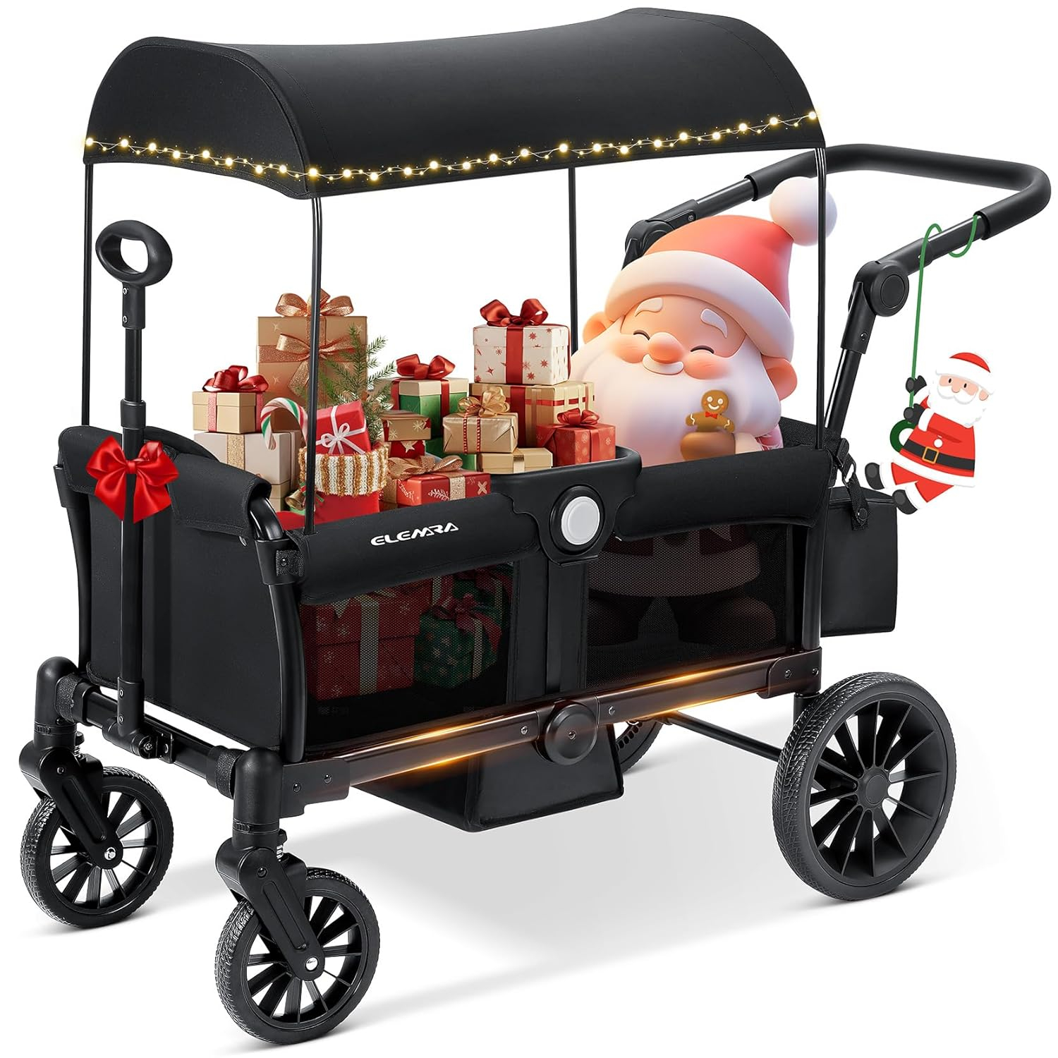 ELEMARA Stroller Wagon for 2 Kids, Foldable Wagon Stroller, Premium All Terrain Wagon for Kids, Kids Wagon Cart w/Removable Canopy, Adjustable Push/Pull Handle, Harnesses, Large Storage Bag, Black